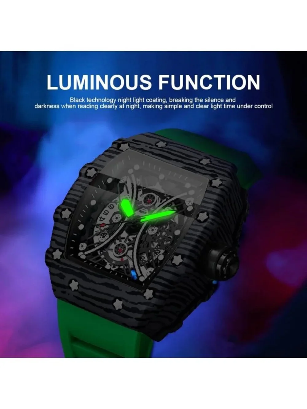 Men's Green And Black Analog Silicone Strap Barrel-Shaped Skeleton Luxury Watch